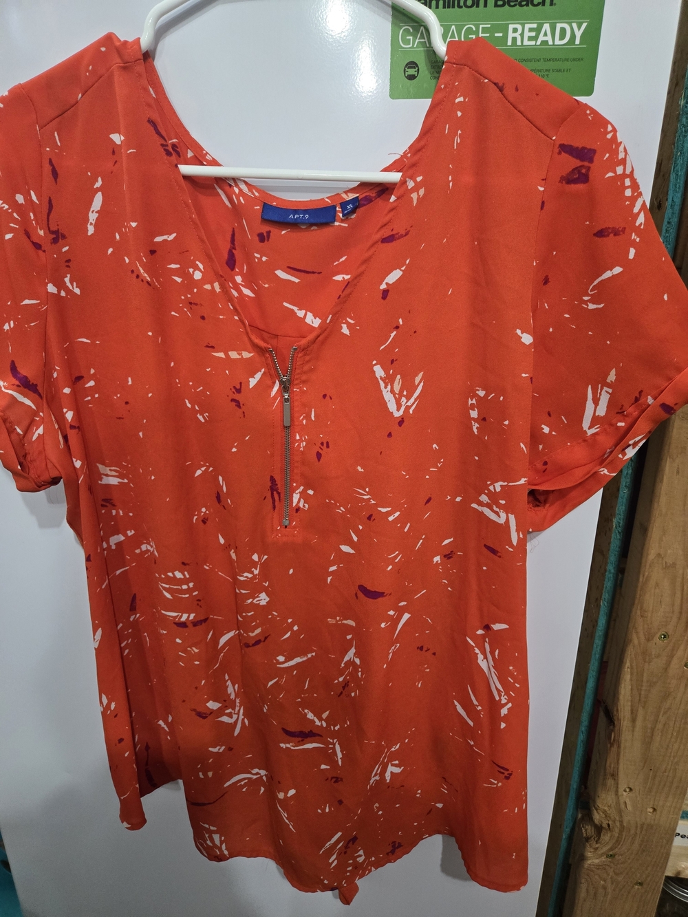 Apt. 9 Bright Orange Short-Sleeve Zip Front Blouse with White & Purple Print